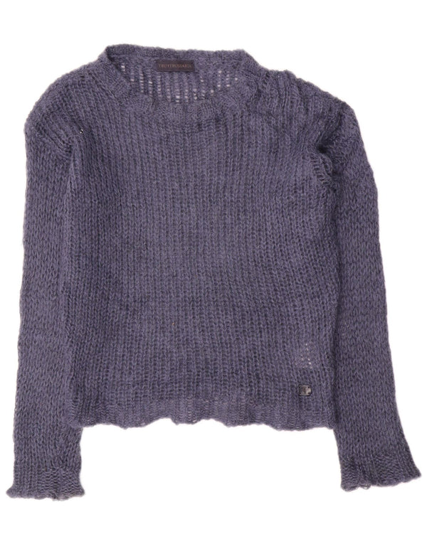 Maglione da donna Trussardi corto con scollo a barca UK 10 piccolo blu navy
