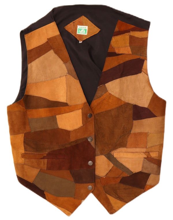 Gilet vintage in pelle scamosciata da donna UK 14 in pelle patchwork marrone medio