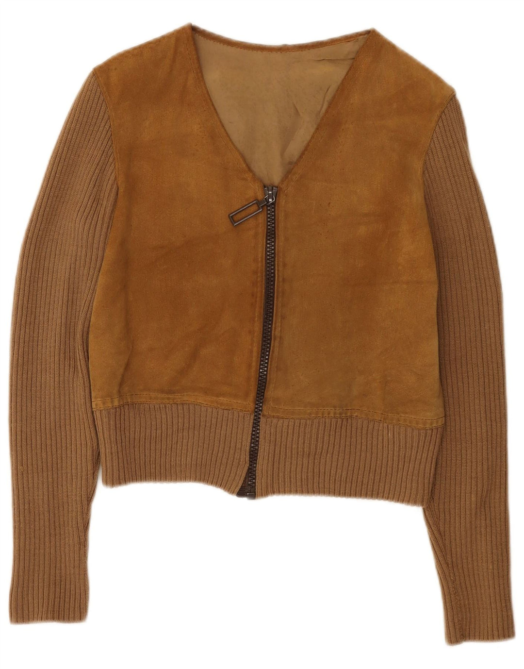 Giacca vintage in pelle scamosciata corta da donna UK 14 marrone medio