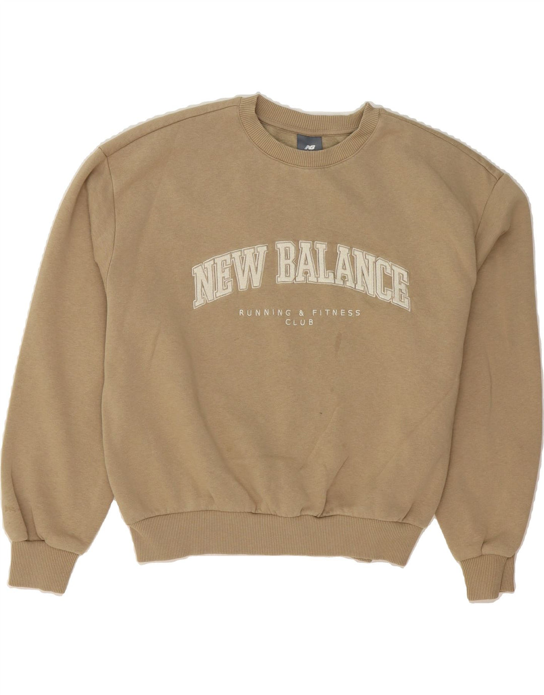 NEW BALANCE Womens Oversized Graphic Sweatshirt Jumper UK 10 Small Beige Vintage New Balance and Second-Hand New Balance from Messina Hembry 