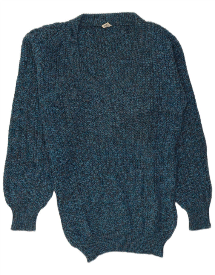 Maglione vintage da uomo con scollo a V vestibilità regolare in lana screziata blu medio