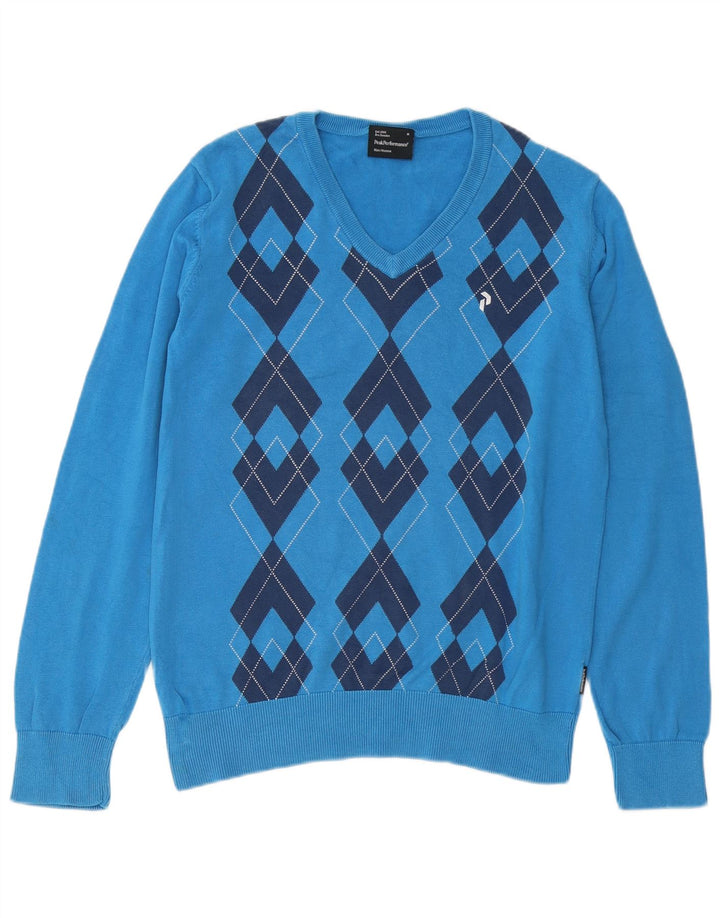 Maglione da uomo con scollo a V Peak Performance blu medio a rombi/diamante