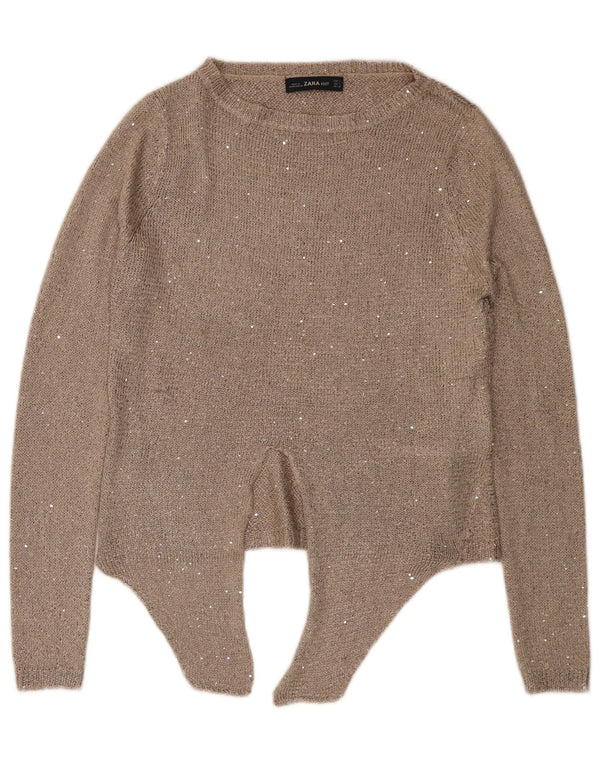 Maglione corto con scollo a barca da donna Zara UK 10 piccolo beige screziato