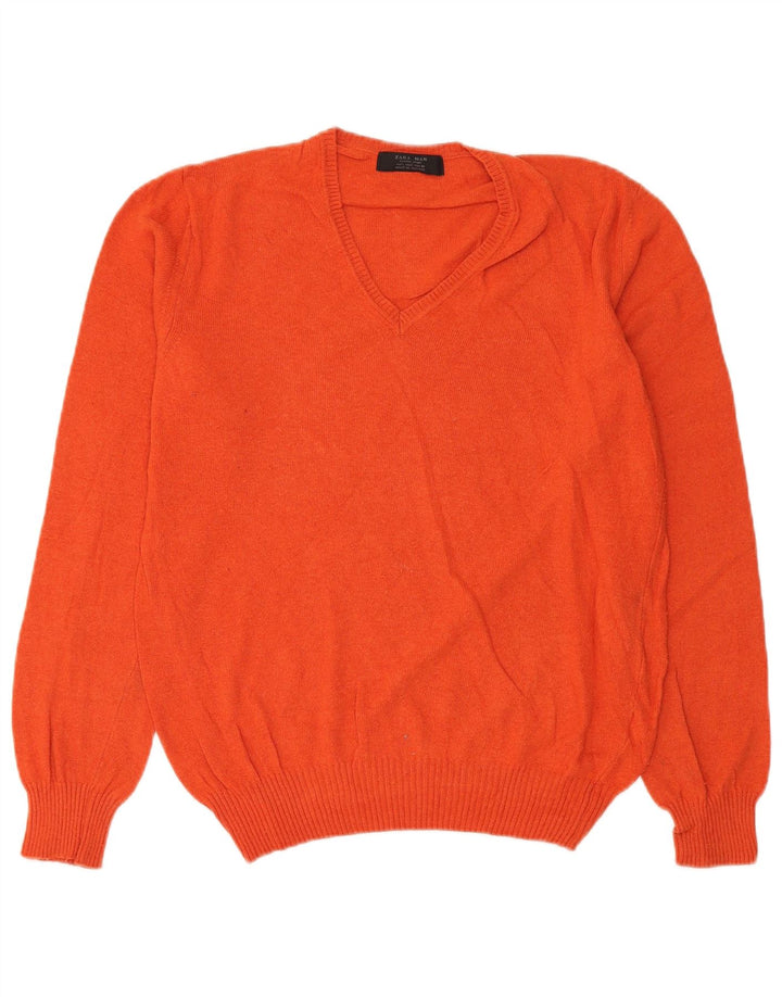 Maglione Zara da uomo con scollo a V grande in viscosa arancione