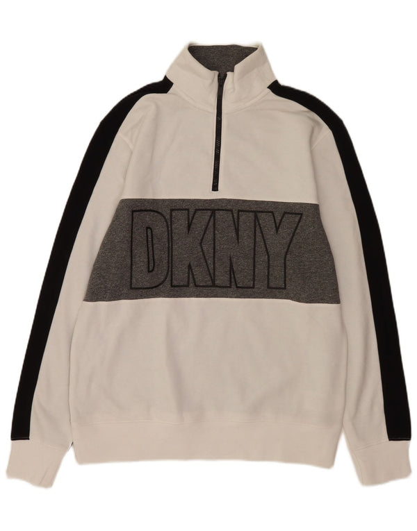 Dkny Felpa da uomo con collo con zip grafica Maglione piccolo cotone bianco a blocchi di colore
