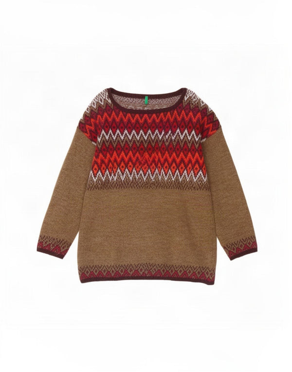 Maglione da donna con scollo a barca Benetton UK 16 Large Beige Argyle/Diamond