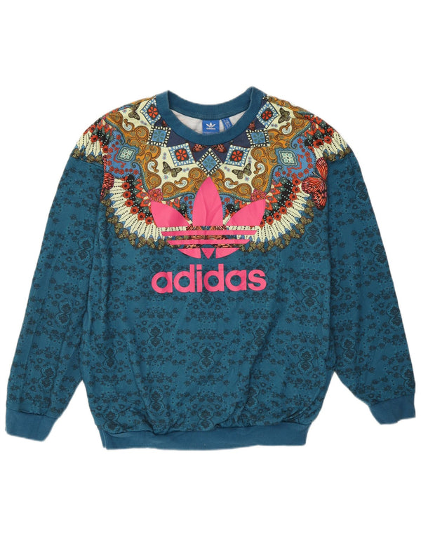 Felpa da donna con motivo astratto Adidas, maglione UK 10, piccolo blu bohémien