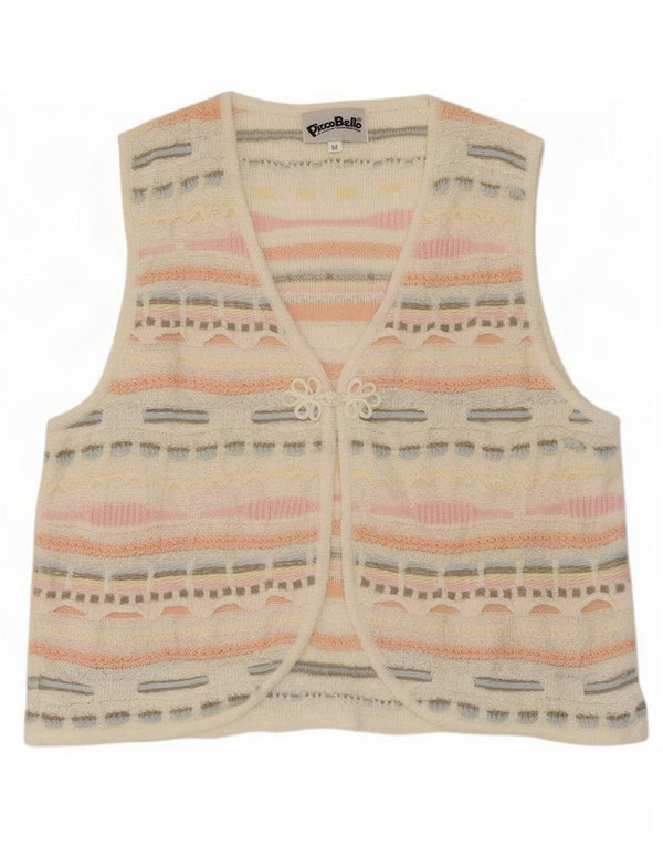 Gilet lavorato a maglia da donna vintage UK 14 Acrilico geometrico bianco medio