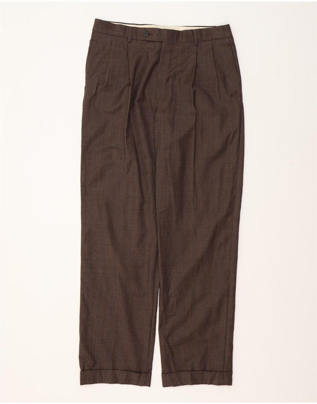BROOKS BROTHERS Pantaloni da abito da uomo con pegging Madison W33 L31 lana a quadri marrone