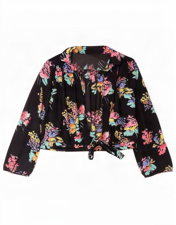 Camicetta corta da donna vintage UK 16 grande nera floreale