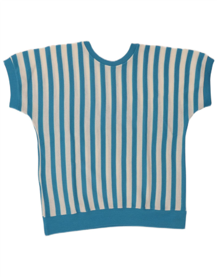 Top camicetta da donna vintage UK 16 poliacrilico a righe blu grandi
