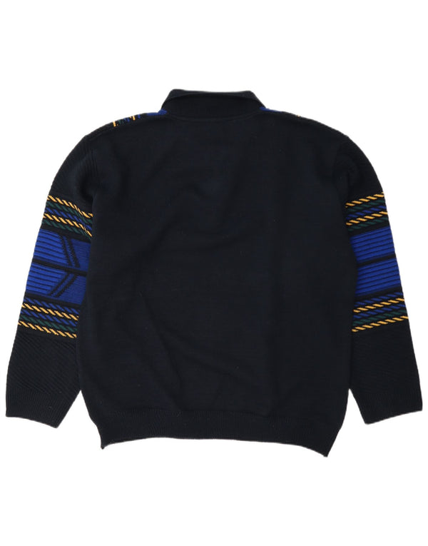 Vintage Mens Polo Neck Jumper Sweater Medium Navy Blue Striped Polyacrylic