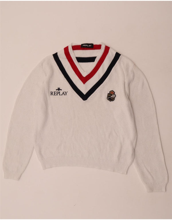 Maglione Replay da donna con scollo a V grafico UK 16 Large White Colourblock