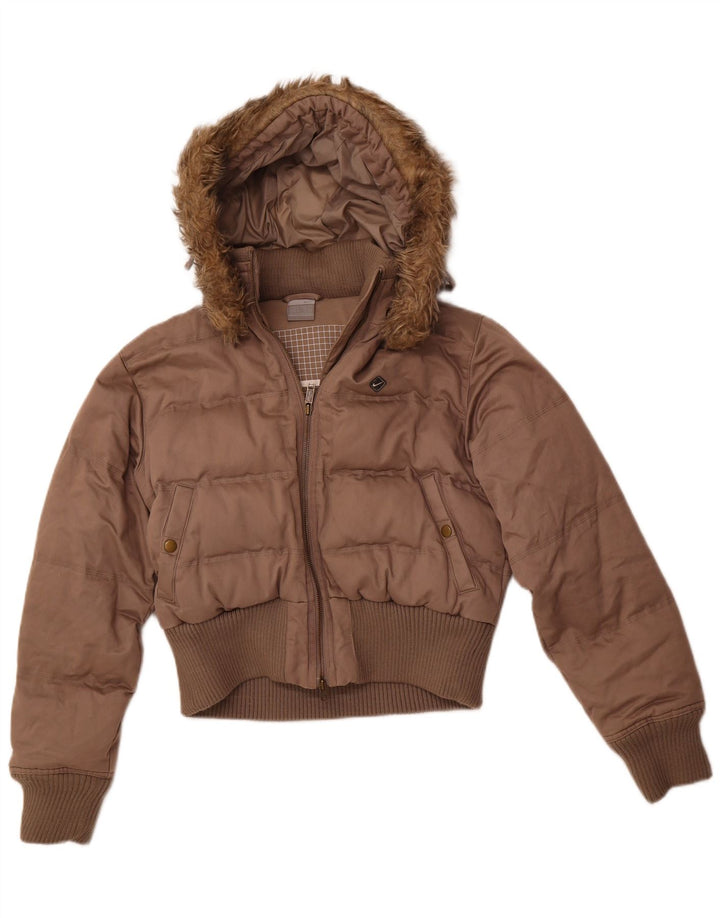 Giacca imbottita con cappuccio NIKE da donna corta UK 8/10 piccola poliestere marrone