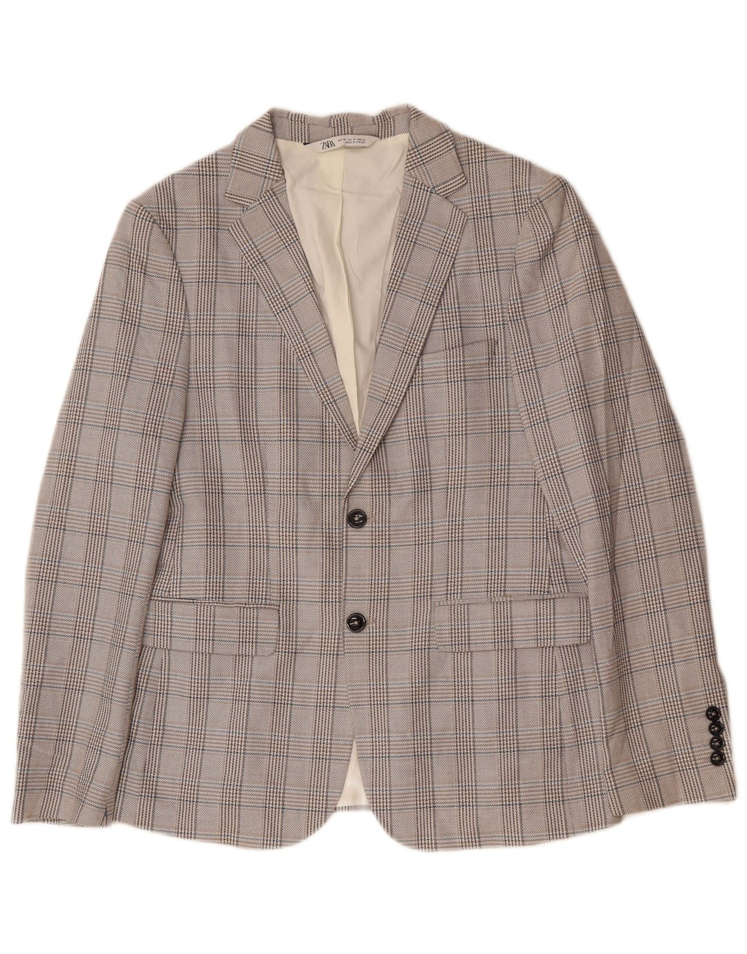 ZARA Giacca Blazer a 2 Bottoni da Uomo EU 48 Poliestere Pied De Poule Grigio Medio