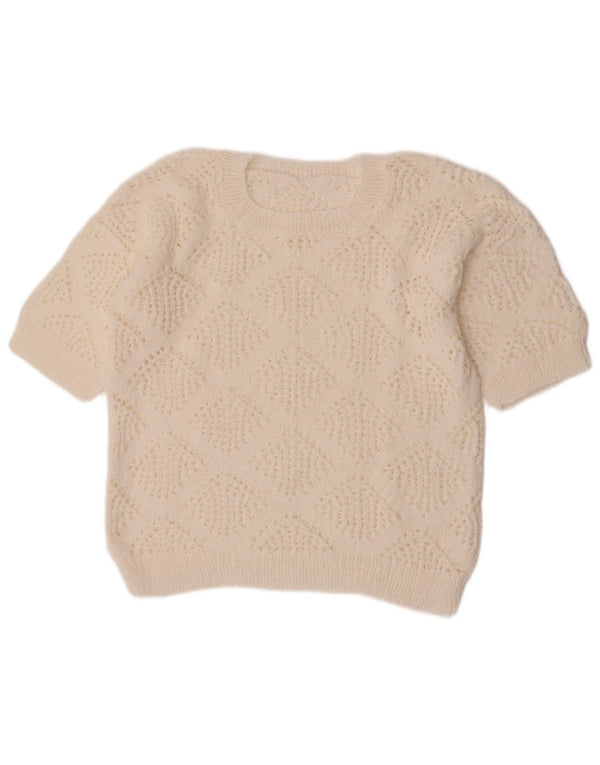 Maglione maglione girocollo corto da donna vintage UK 14 bianco medio