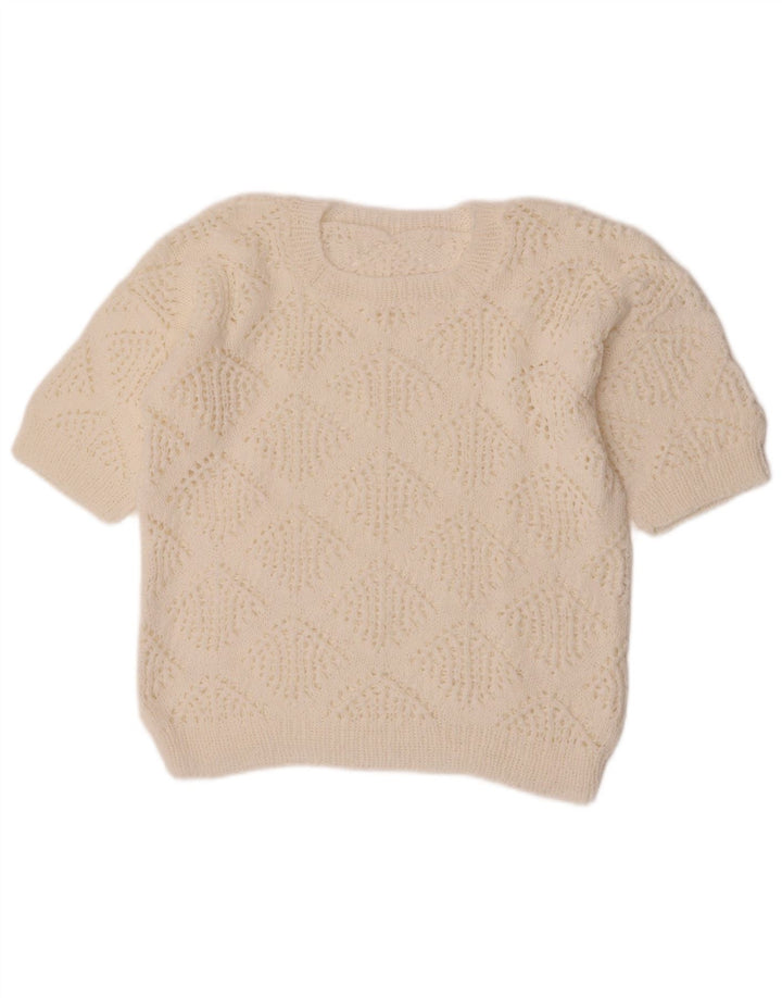 Maglione maglione girocollo corto da donna vintage UK 14 bianco medio