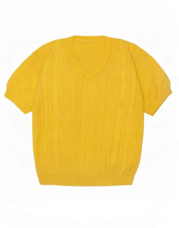 Maglione vintage da donna a maniche corte con scollo a V UK 14 Giallo medio