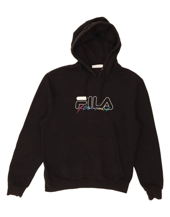 FILA Mens Graphic Hoodie Jumper Medium Black Cotton Vintage Fila and Second-Hand Fila from Messina Hembry 