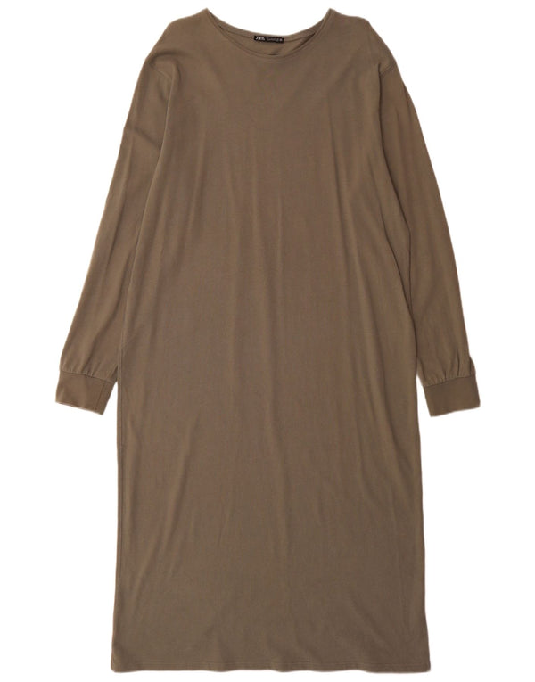 Vestito lungo a maniche lunghe da donna Zara UK 16 grande cotone kaki