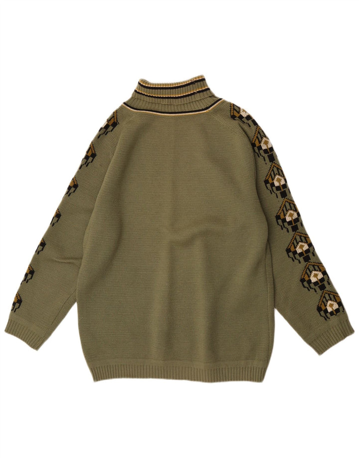 Maglione maglione vintage da donna con collo alto IT 52 XL Lana geometrica kaki