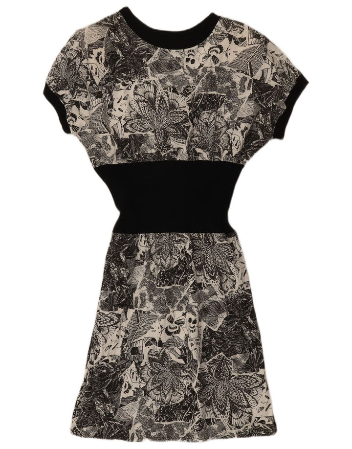 Abito a trapezio da donna vintage UK 12 grigio medio floreale