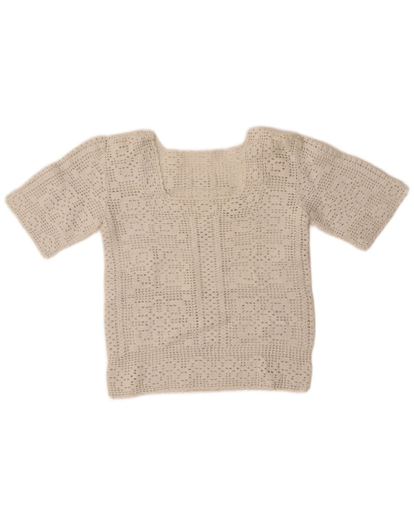 Maglione maglione girocollo a maniche corte vintage da donna UK 10 piccolo bianco