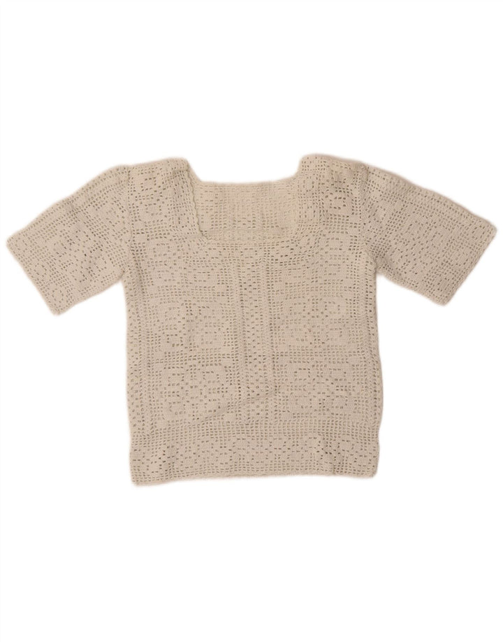 Maglione maglione girocollo a maniche corte vintage da donna UK 10 piccolo bianco