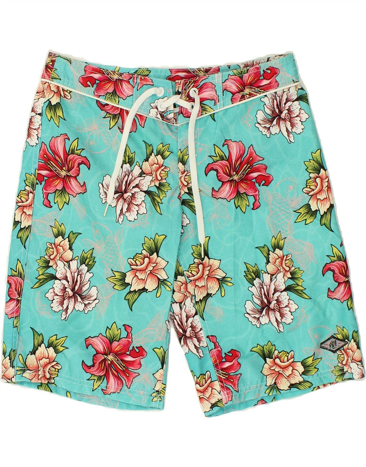 BEAR Mens Graphic Swimming Shorts Small Blue Floral Polyester Vintage Bear and Second-Hand Bear from Messina Hembry 