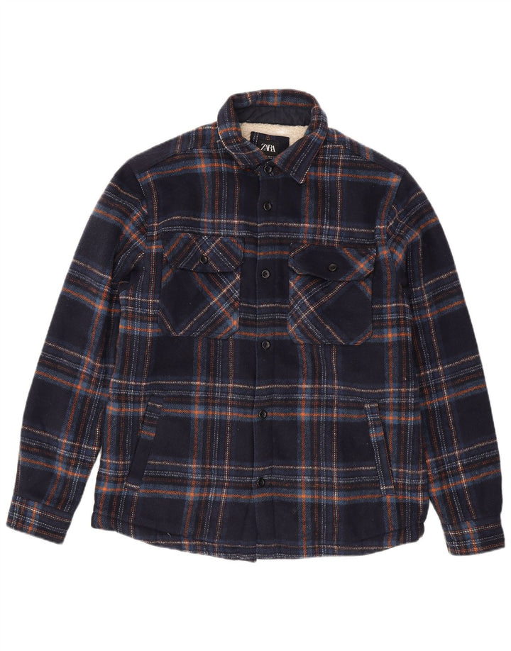 Camicia Zara da uomo in flanella sherpa dalla vestibilità rilassata, scozzese medio blu navy