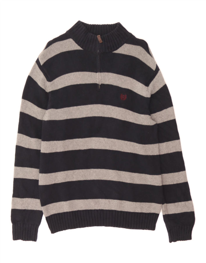 CHAPS Mens Zip Neck Jumper Sweater Medium Black Striped Cotton Vintage Chaps and Second-Hand Chaps from Messina Hembry 