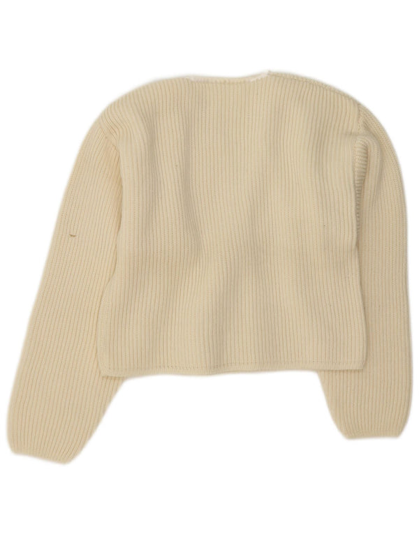 Maglione cardigan doppiopetto corto da donna vintage UK 14 medio bianco sporco