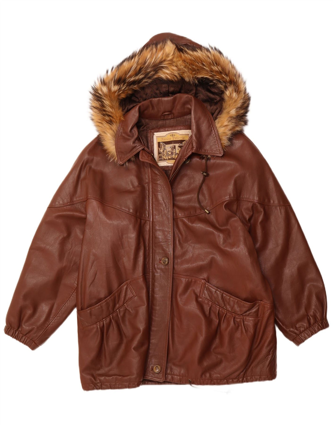 ANTICA PELLERIA Giacca Oversize da Donna con Cappuccio IT 44 Pelle Marrone Medio