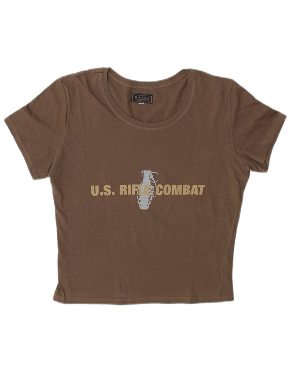 T-shirt grafica corta da donna Rifle Top UK 16 grande cotone marrone