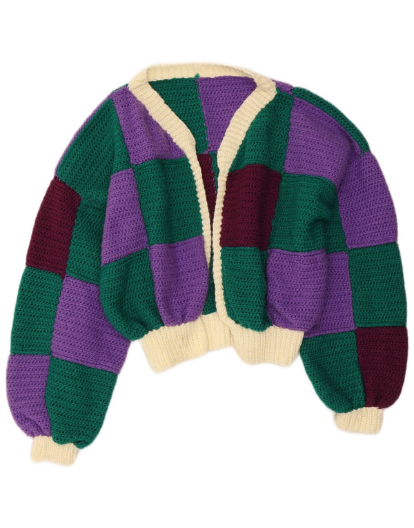 Maglione cardigan corto da donna vintage UK 16 grande blocco di colori multicolore