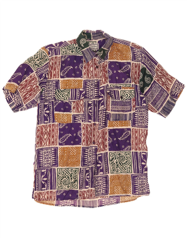 Camicia a maniche corte da donna vintage UK 14 Grande seta patchwork multicolore