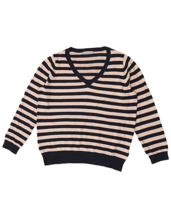 Maglione maglione con scollo a V da donna Marks & Spencer UK 16 grandi righe blu navy