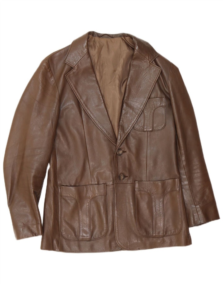 Giacca blazer in pelle vintage da uomo a 2 bottoni UK 38 Marrone medio