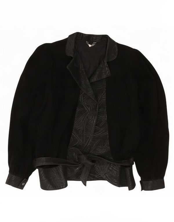 Giacca vintage in pelle scamosciata da donna UK 14 in pelle nera media