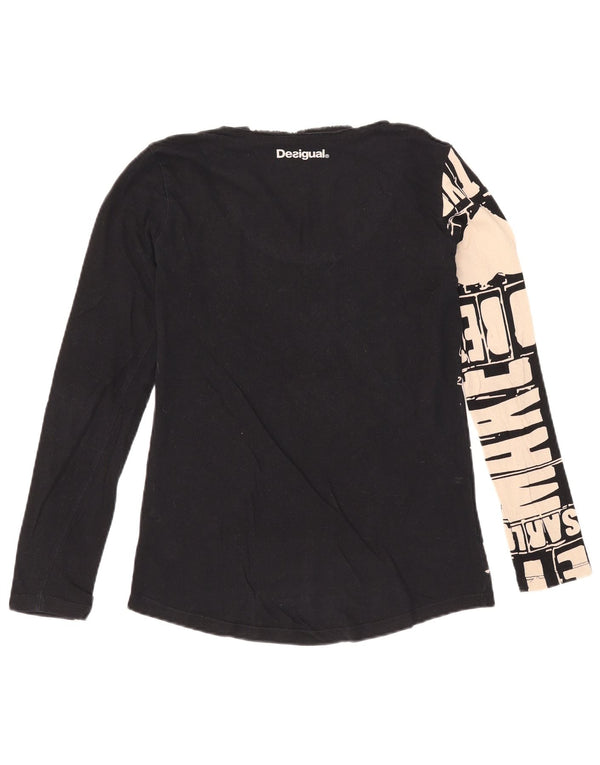 Desigual Womens Graphic Top Long Sleeve UK 12 Medium Black Cotton