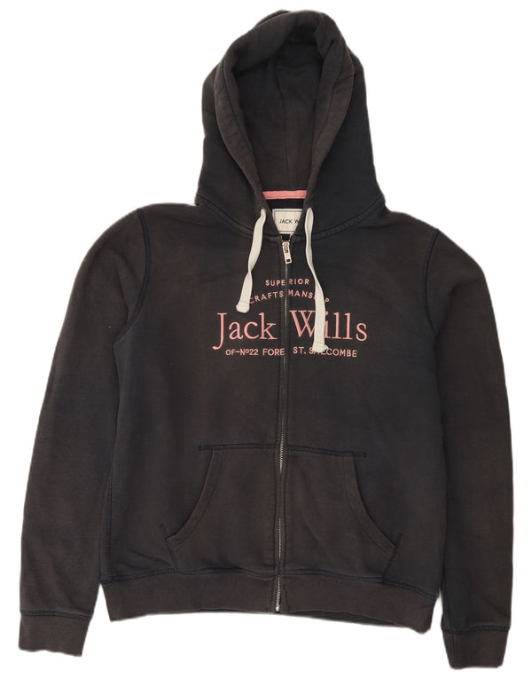 Maglione con cappuccio con zip grafica da donna Jack Wills UK 16 grande cotone nero