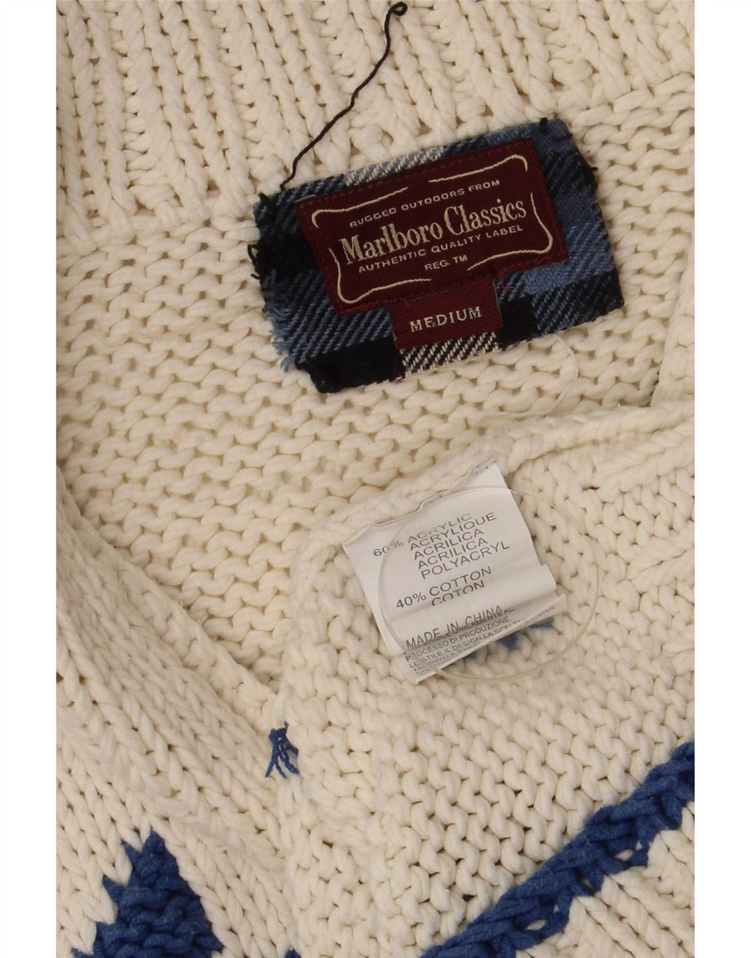 Marlboro Classics Maglione cardigan da uomo medio bianco sporco Fair Isle retrò