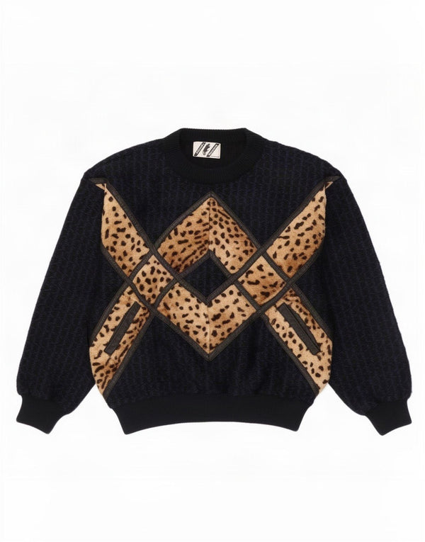 Maglione maglione girocollo da donna vintage UK 16 grande stampa animalier nera