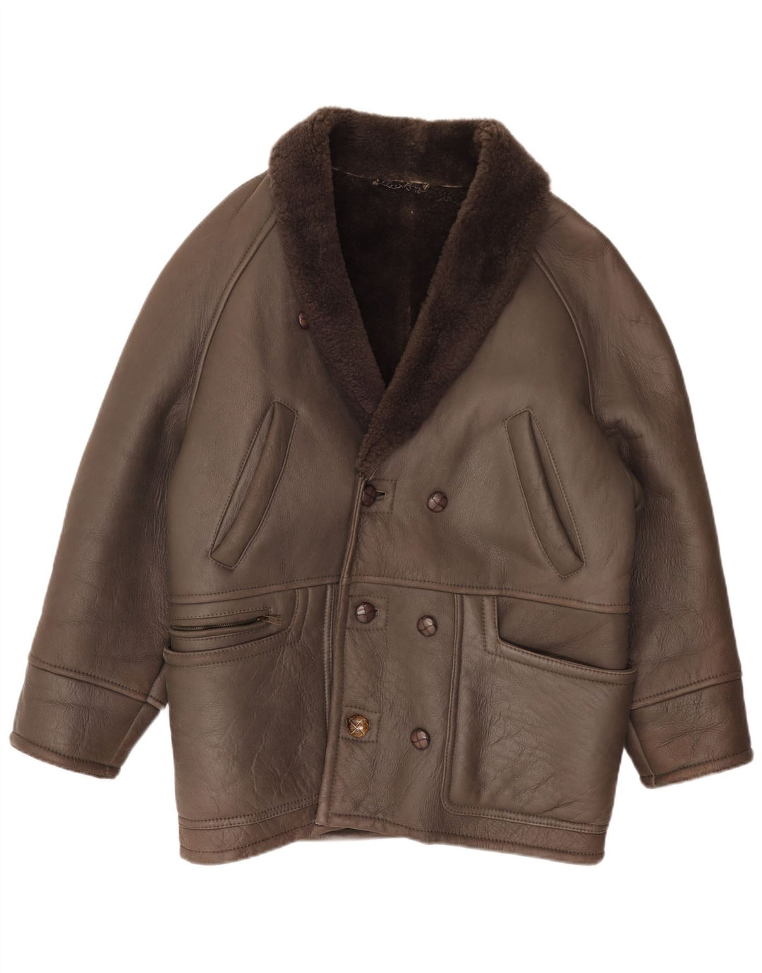 Giubbotto shearling doppiopetto vintage da uomo IT 50 grande in pelle marrone