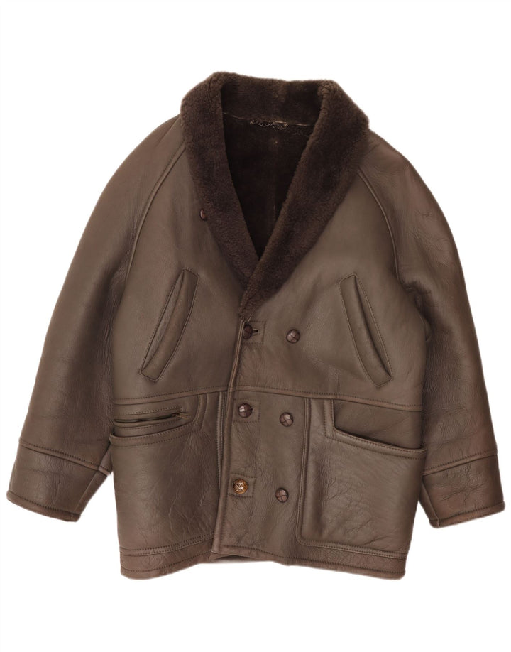 Giubbotto shearling doppiopetto vintage da uomo IT 50 grande in pelle marrone