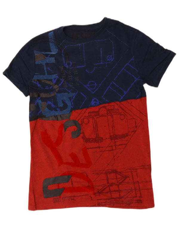 Desigual T-shirt grafica da uomo Top Small Blu navy in cotone color block