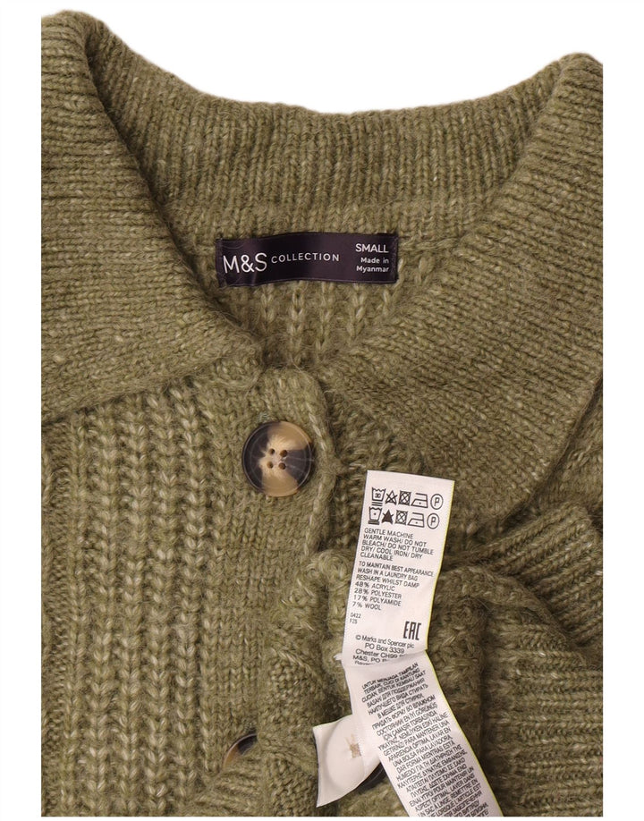 Maglione cardigan da donna Marks & Spencer UK 10 piccolo acrilico kaki