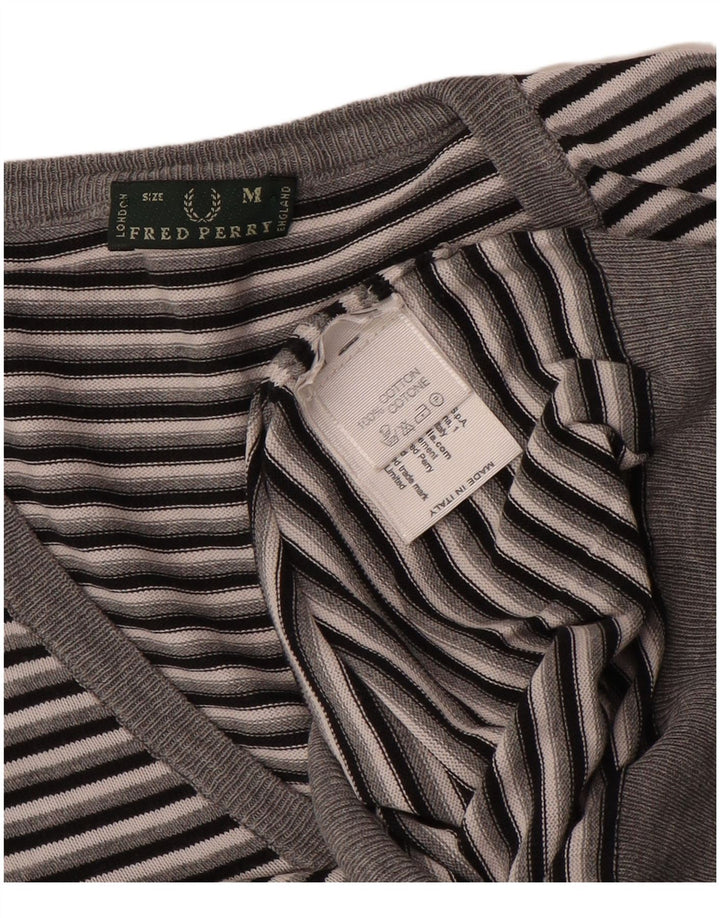 Maglione da donna con scollo a V Fred Perry UK 14 Cotone a righe grigio medio