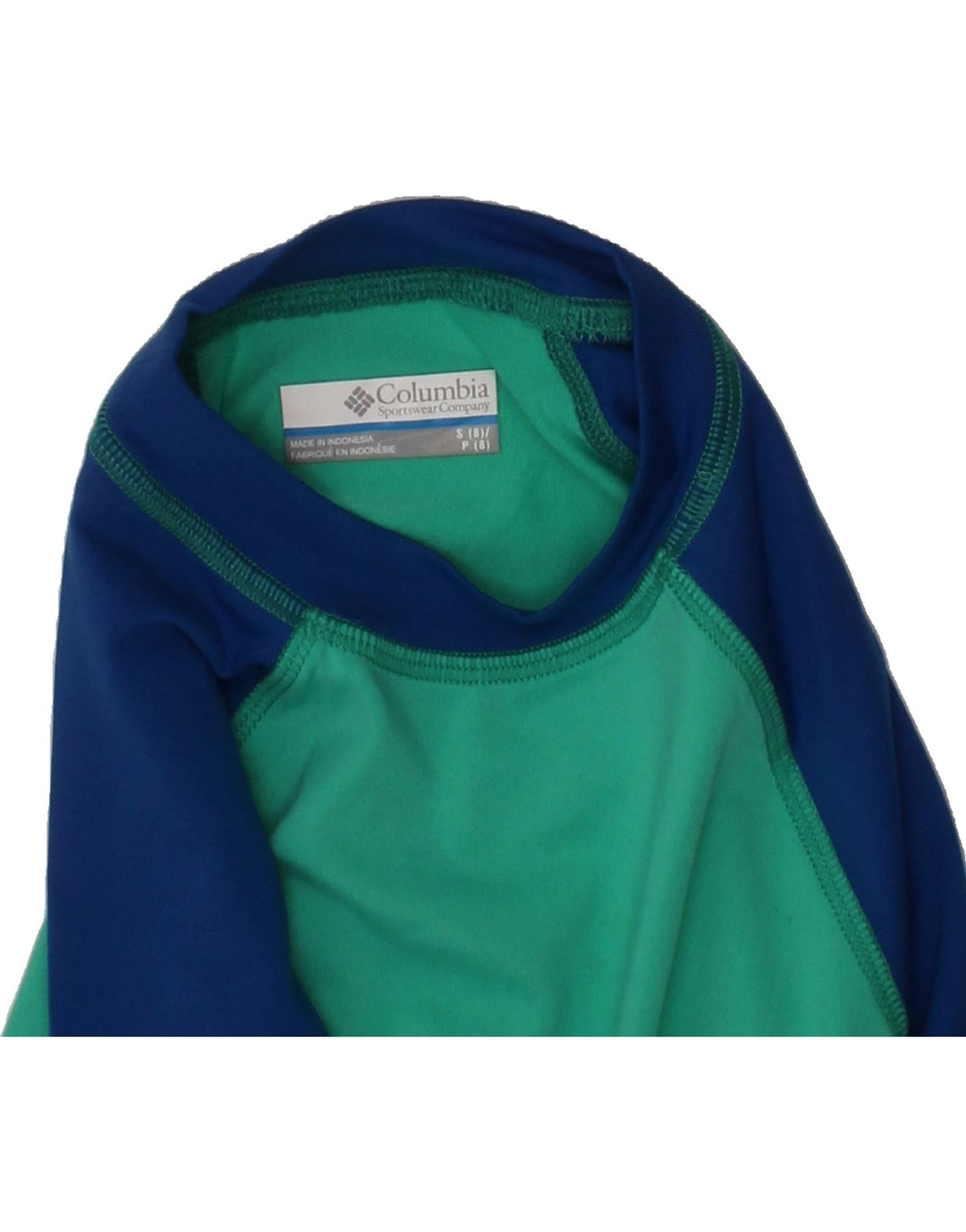 COLUMBIA Boys Top Long Sleeve 7-8 Years Small Green Colourblock Polyester Vintage Columbia and Second-Hand Columbia from Messina Hembry 