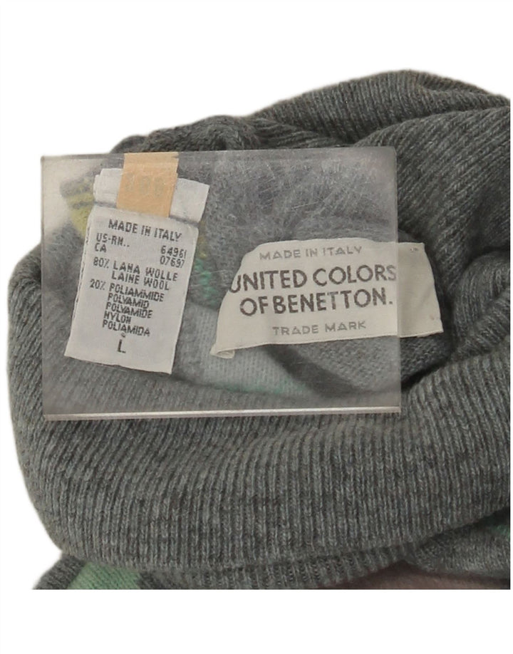 BENETTON Maglione da uomo con collo alto e maglione grande grigio a rombi/lana diamante
